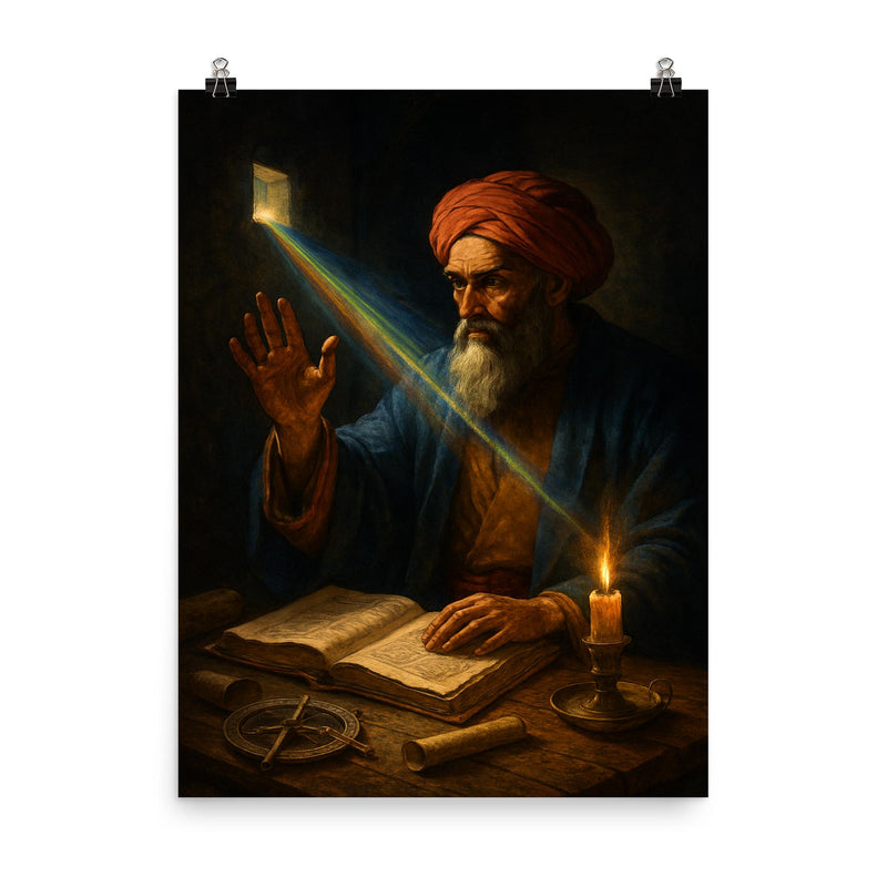 Ibn al Haytham studying light through a dark chamber poster on a plain backdrop in size 8