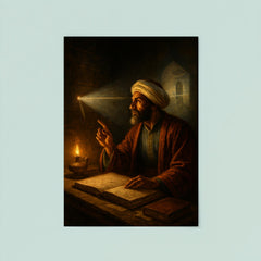 Ibn al Haytham studying light through a dark chamber poster 8