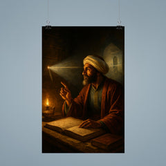 Ibn al Haytham studying light through a dark chamber poster 9