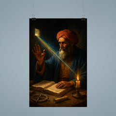 Ibn al Haytham studying light through a dark chamber poster 9