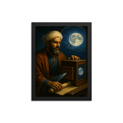 Ibn al Haytham with camera obscura and moonlight framed print on a plain backdrop in size 12"x16".