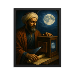 Ibn al Haytham with camera obscura and moonlight framed print on a plain backdrop in size 16"x20".