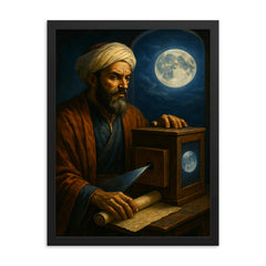 Ibn al Haytham with camera obscura and moonlight framed print on a plain backdrop in size 18"x24".