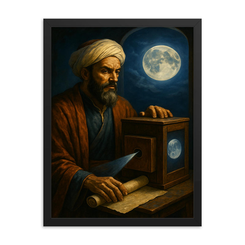 Ibn al Haytham with camera obscura and moonlight framed print on a plain backdrop in size 18
