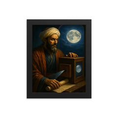Ibn al Haytham with camera obscura and moonlight framed print on a plain backdrop in size 8"x10".