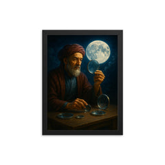 Ibn al Haytham with lenses and moonlight framed print on a plain backdrop in size 12"x16".