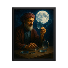 Ibn al Haytham with lenses and moonlight framed print on a plain backdrop in size 16"x20".