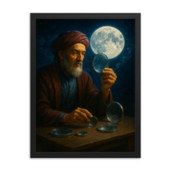Ibn al Haytham with lenses and moonlight framed print on a plain backdrop in size 18"x24".