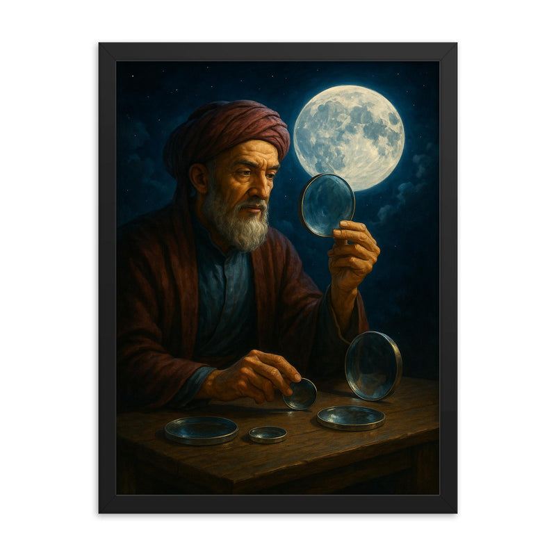 Ibn al Haytham with lenses and moonlight framed print on a plain backdrop in size 18