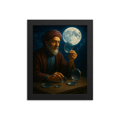 Ibn al Haytham with lenses and moonlight framed print on a plain backdrop in size 8"x10".