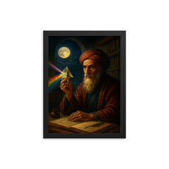 Ibn al Haytham with prism and moonlit study framed print on a plain backdrop in size 12"x16".