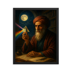 Ibn al Haytham with prism and moonlit study framed print on a plain backdrop in size 16"x20".