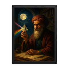 Ibn al Haytham with prism and moonlit study framed print on a plain backdrop in size 18"x24".