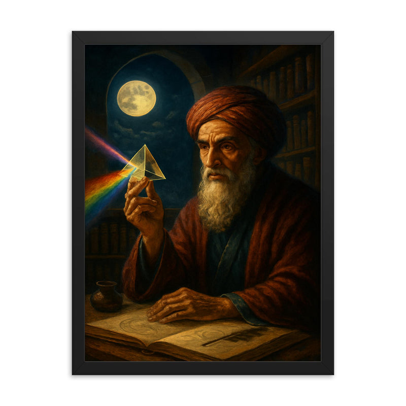 Ibn al Haytham with prism and moonlit study framed print on a plain backdrop in size 18