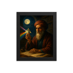 Ibn al Haytham with prism and moonlit study framed print on a plain backdrop in size 8"x10".