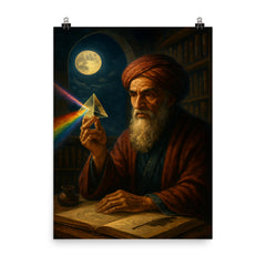 Ibn al Haytham with prism and moonlit study poster on a plain backdrop in size 8"x10".