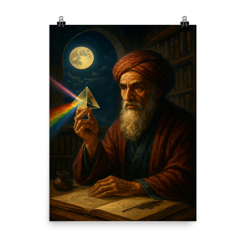 Ibn al Haytham with prism and moonlit study poster on a plain backdrop in size 8