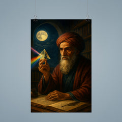 Ibn al Haytham with prism and moonlit study poster 9