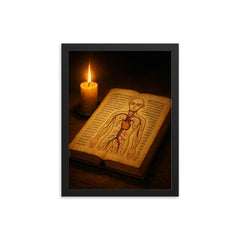 Ibn al Nafis anatomical manuscript and candle framed print on a plain backdrop in size 12"x16".