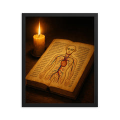 Ibn al Nafis anatomical manuscript and candle framed print on a plain backdrop in size 16"x20".