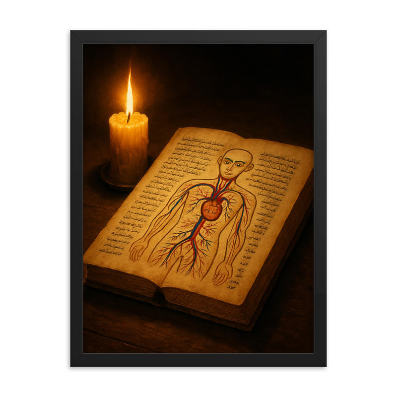 Ibn al Nafis anatomical manuscript and candle framed print on a plain backdrop in size 18