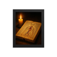 Ibn al Nafis anatomical manuscript and candle framed print on a plain backdrop in size 8"x10".