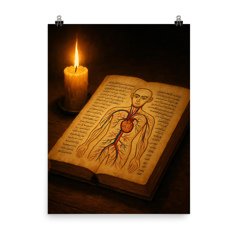 Ibn al Nafis anatomical manuscript and candle poster on a plain backdrop in size 8