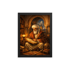 Ibn Arabi in Andalusian library lamplight framed print on a plain backdrop in size 12"x16".
