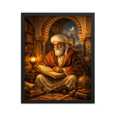 Ibn Arabi in Andalusian library lamplight framed print on a plain backdrop in size 16"x20".