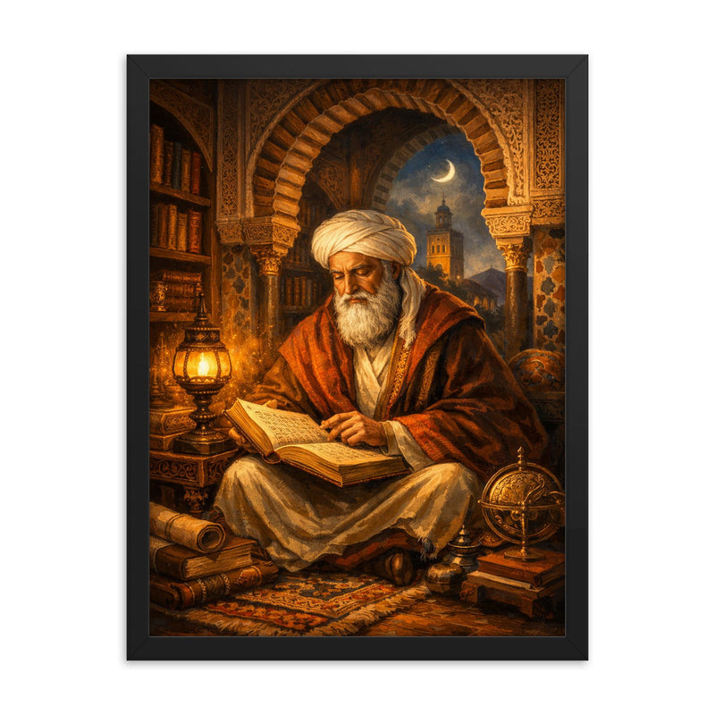Ibn Arabi in Andalusian library lamplight framed print on a plain backdrop in size 18