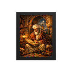Ibn Arabi in Andalusian library lamplight framed print on a plain backdrop in size 8"x10".