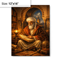 Ibn Arabi in Andalusian library lamplight metal print on a plain backdrop in size 12"x16".