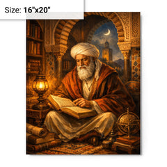 Ibn Arabi in Andalusian library lamplight metal print on a plain backdrop in size 16"x20".