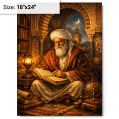 Ibn Arabi in Andalusian library lamplight metal print on a plain backdrop in size 18"x24".
