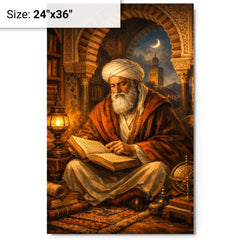 Ibn Arabi in Andalusian library lamplight metal print on a plain backdrop in size 24"x36".