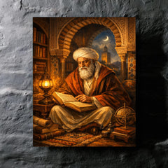 Ibn Arabi in Andalusian library lamplight metal print mockup