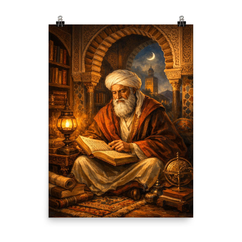 Ibn Arabi in Andalusian library lamplight poster on a plain backdrop in size 8