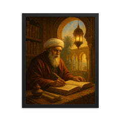 Ibn Arabi in illuminated Andalusian study framed print on a plain backdrop in size 16"x20".