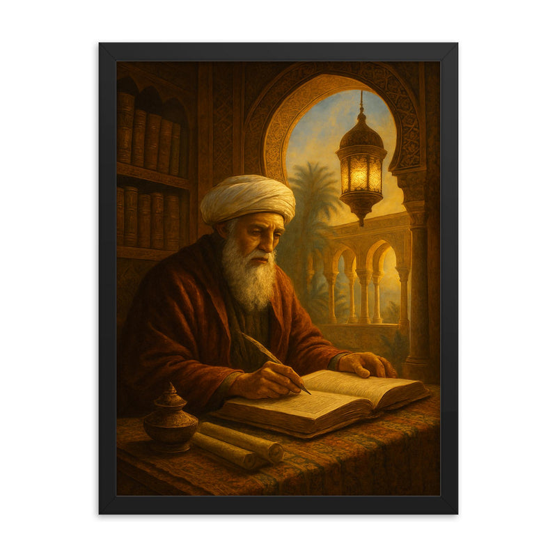 Ibn Arabi in illuminated Andalusian study framed print on a plain backdrop in size 18