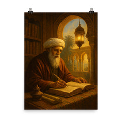 Ibn Arabi in illuminated Andalusian study poster on a plain backdrop in size 8"x10".