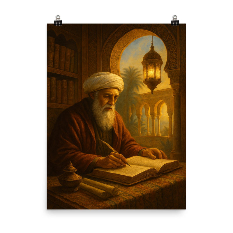 Ibn Arabi in illuminated Andalusian study poster on a plain backdrop in size 8