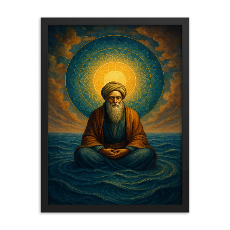 Ibn Arabi sea of unity vision framed print on a plain backdrop in size 18