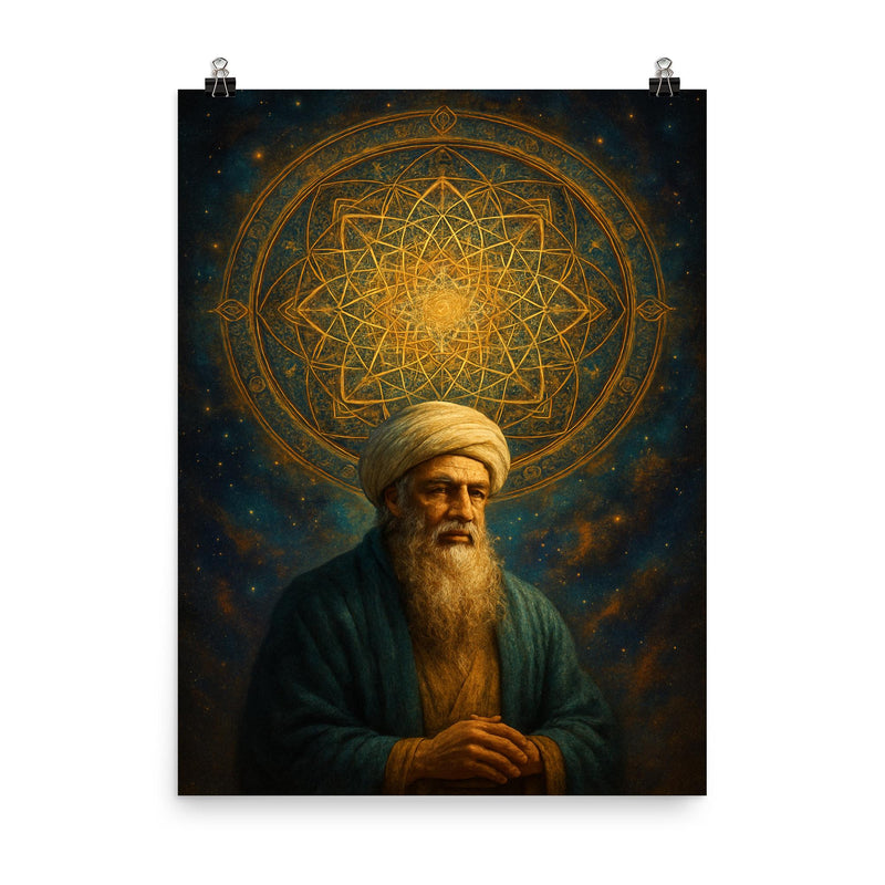 Ibn Arabi under cosmic geometric mandala poster on a plain backdrop in size 8