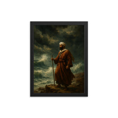 Ibn Battuta at the edge of monsoon sea framed print on a plain backdrop in size 12"x16".