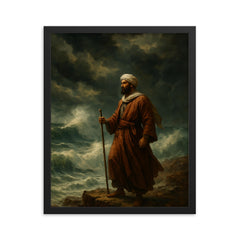 Ibn Battuta at the edge of monsoon sea framed print on a plain backdrop in size 16"x20".
