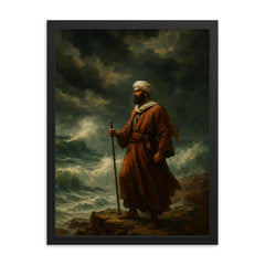 Ibn Battuta at the edge of monsoon sea framed print on a plain backdrop in size 18"x24".