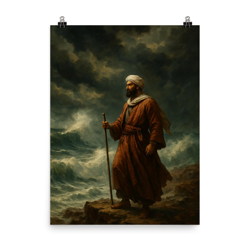 Ibn Battuta at the edge of monsoon sea poster on a plain backdrop in size 8