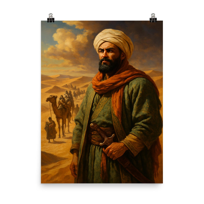 Ibn Battuta before caravan crossing the Sahara poster on a plain backdrop in size 8