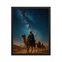 Ibn Battuta caravan beneath desert stars framed print on a plain backdrop in size 16"x20".