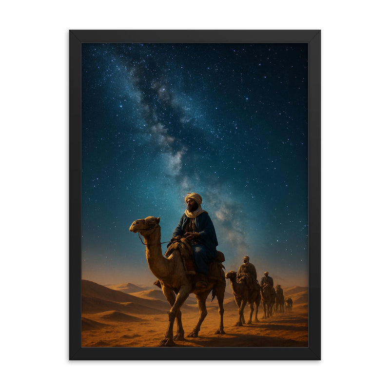 Ibn Battuta caravan beneath desert stars framed print on a plain backdrop in size 18